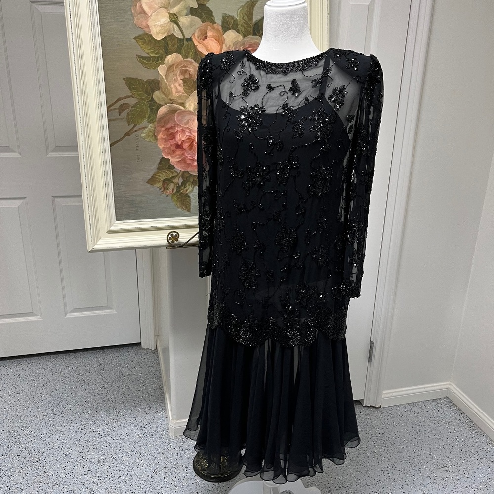 Vintage 2 Pieces Black Sequin Gown